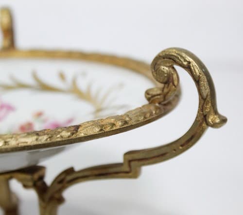 SÈVRES Antique French Porcelain Footed Floral Serving Dish With Bronze Mount - Thumbnail 3