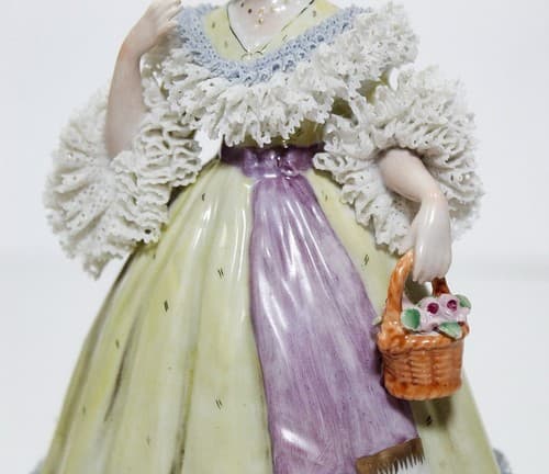 Antique Hand Painted Volkstedt Germany Lacd Dress Porcelain Figurine - Thumbnail 4