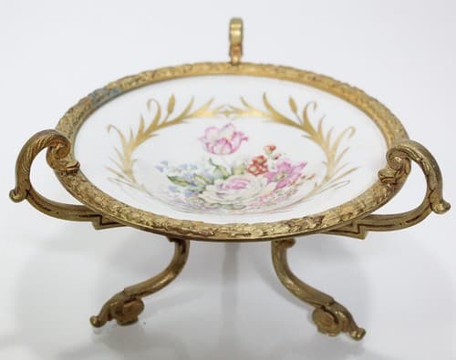 SÈVRES Antique French Porcelain Footed Floral Serving Dish With Bronze Mount - Thumbnail 6