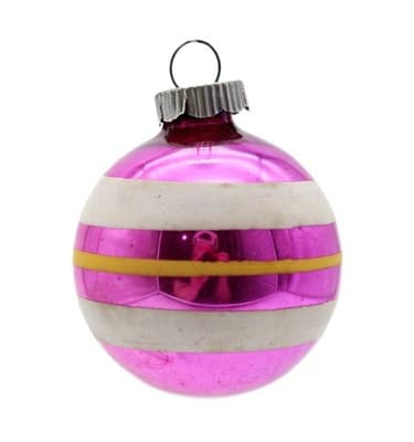 Shiny Brite Vintage Hot Pink Striped White & Yellow Glass Christmas Ornament - Image 1