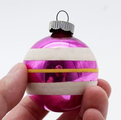 Shiny Brite Vintage Hot Pink Striped White & Yellow Glass Christmas Ornament - Thumbnail 2