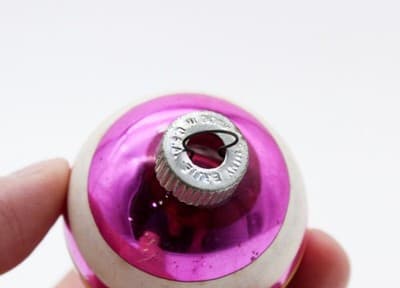 Shiny Brite Vintage Hot Pink Striped White & Yellow Glass Christmas Ornament - Thumbnail 3