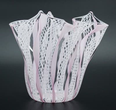 Vintage Murano Art Glass Handkerchief Vase With Pink & White Zanfirico Ribbons - Thumbnail 8