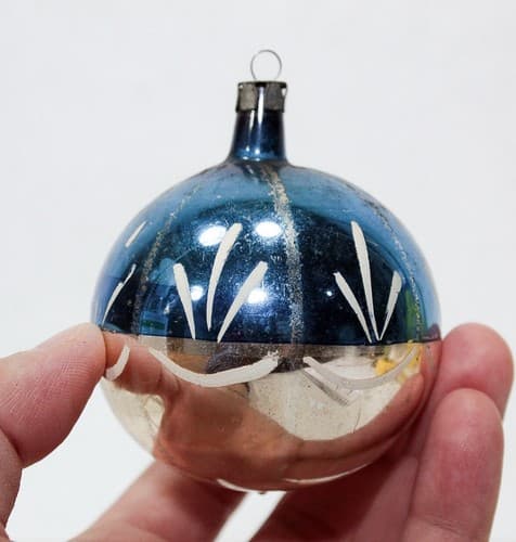 Vintage Old Made In Poland Stencil Blue & Gold Glass Ball Christmas Ornament - Thumbnail 2