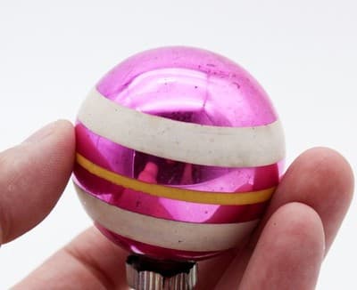 Shiny Brite Vintage Hot Pink Striped White & Yellow Glass Christmas Ornament - Thumbnail 4