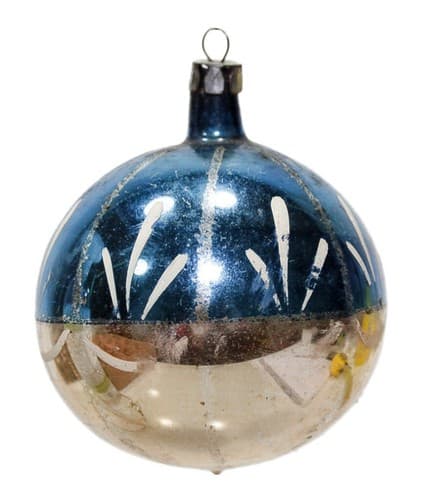 Vintage Old Made In Poland Stencil Blue & Gold Glass Ball Christmas Ornament - Image 1