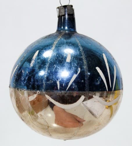 Vintage Old Made In Poland Stencil Blue & Gold Glass Ball Christmas Ornament - Thumbnail 4