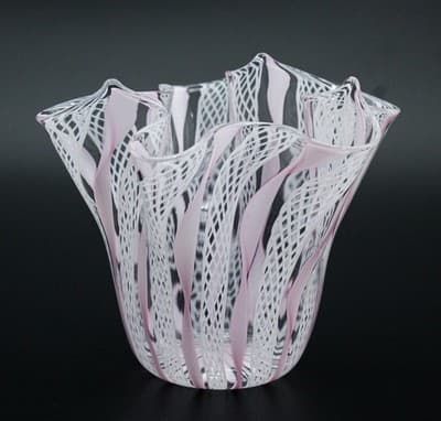 Vintage Murano Art Glass Handkerchief Vase With Pink & White Zanfirico Ribbons - Thumbnail 9