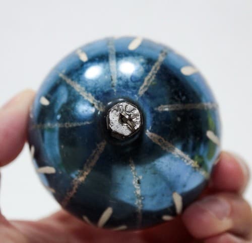 Vintage Old Made In Poland Stencil Blue & Gold Glass Ball Christmas Ornament - Thumbnail 3