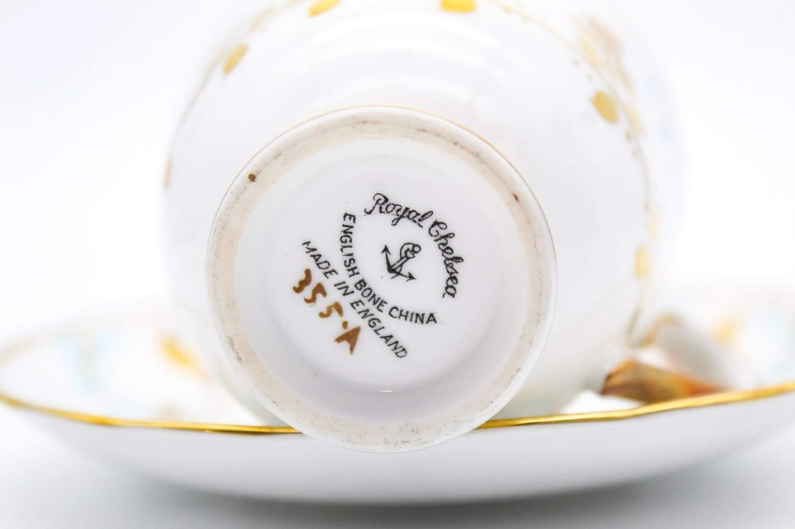 Royal Chelsea Vintage Bone China Hand Painted Gold & Aqua Blue Teacup & Saucer - Thumbnail 6