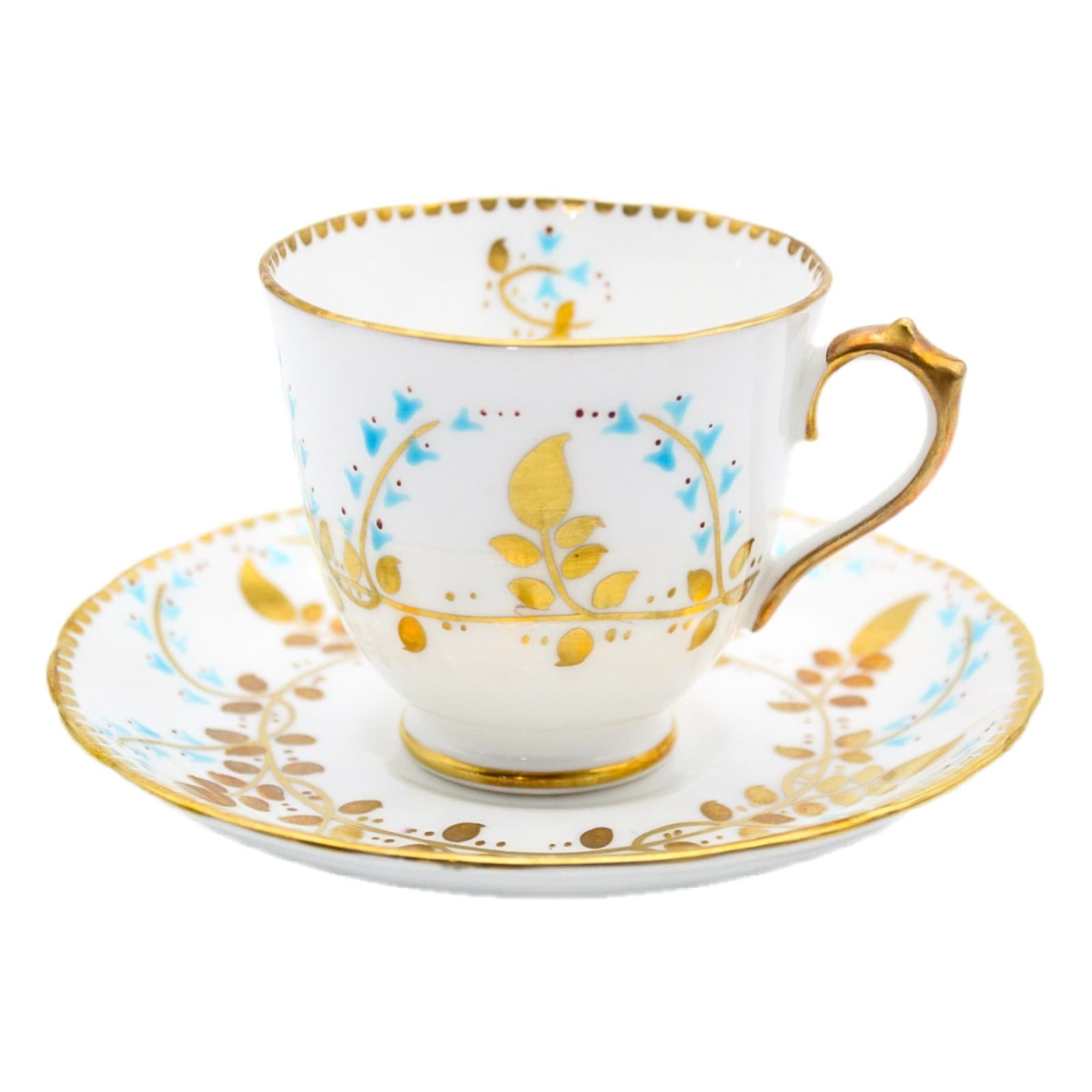 Royal Chelsea Vintage Bone China Hand Painted Gold & Aqua Blue Teacup & Saucer - Image 1