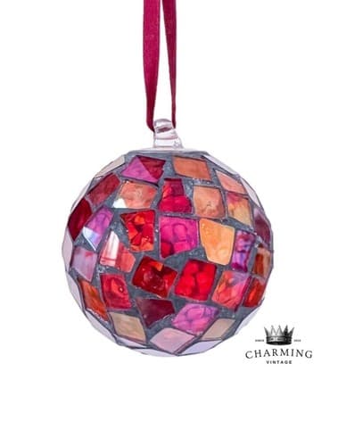 Vintage Mosaic Artwork Round Glass Mirror Christmas Ornament - Image 1