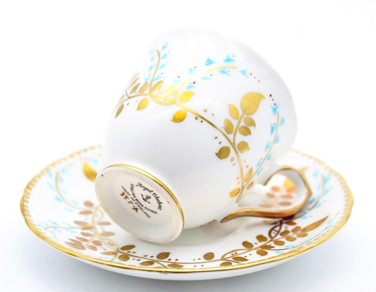 Royal Chelsea Vintage Bone China Hand Painted Gold & Aqua Blue Teacup & Saucer - Thumbnail 5