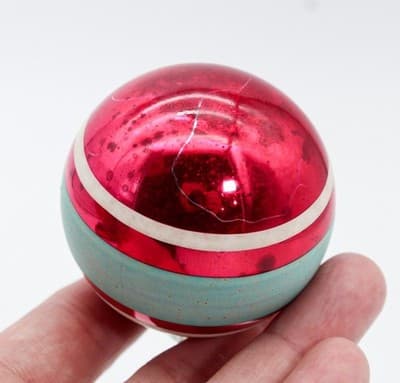 Vintage SHINY BRITE Red Teal & White Striped Stencil Glass Christmas Ornament - Thumbnail 4