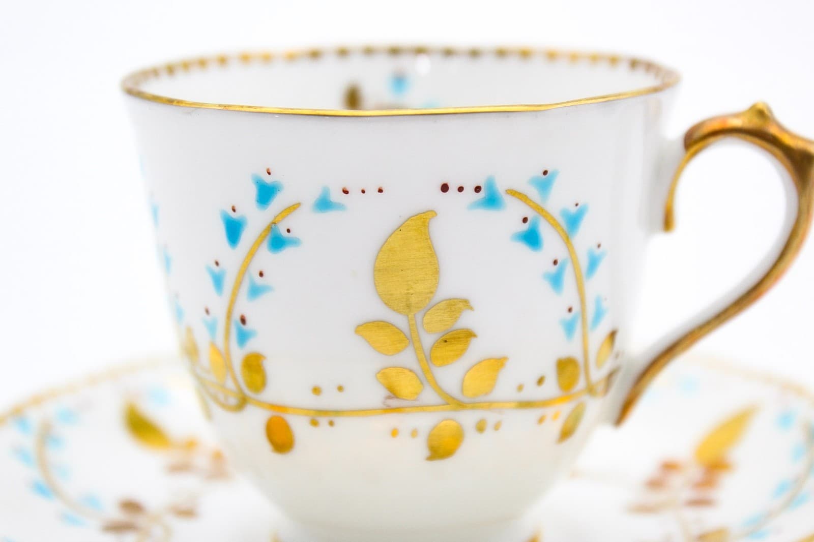 Royal Chelsea Vintage Bone China Hand Painted Gold & Aqua Blue Teacup & Saucer - Thumbnail 2