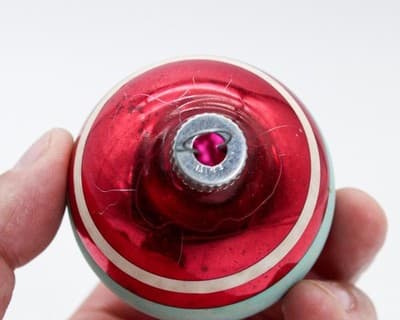 Vintage SHINY BRITE Red Teal & White Striped Stencil Glass Christmas Ornament - Thumbnail 3