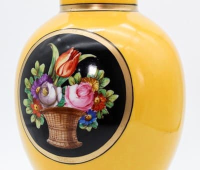 Sevres Antique Hand Painted Floral Medallions Yellow Covered Porcelain Urn Vase - Thumbnail 9