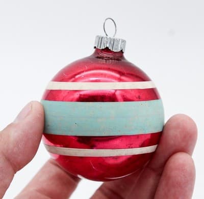 Vintage SHINY BRITE Red Teal & White Striped Stencil Glass Christmas Ornament - Thumbnail 2
