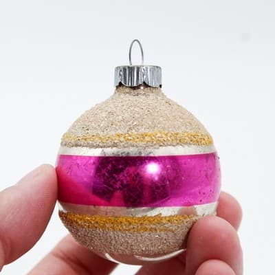Vintage SHINY BRITE White Mica Silvered Pink Stripe Glass Christmas Ornament - Thumbnail 2