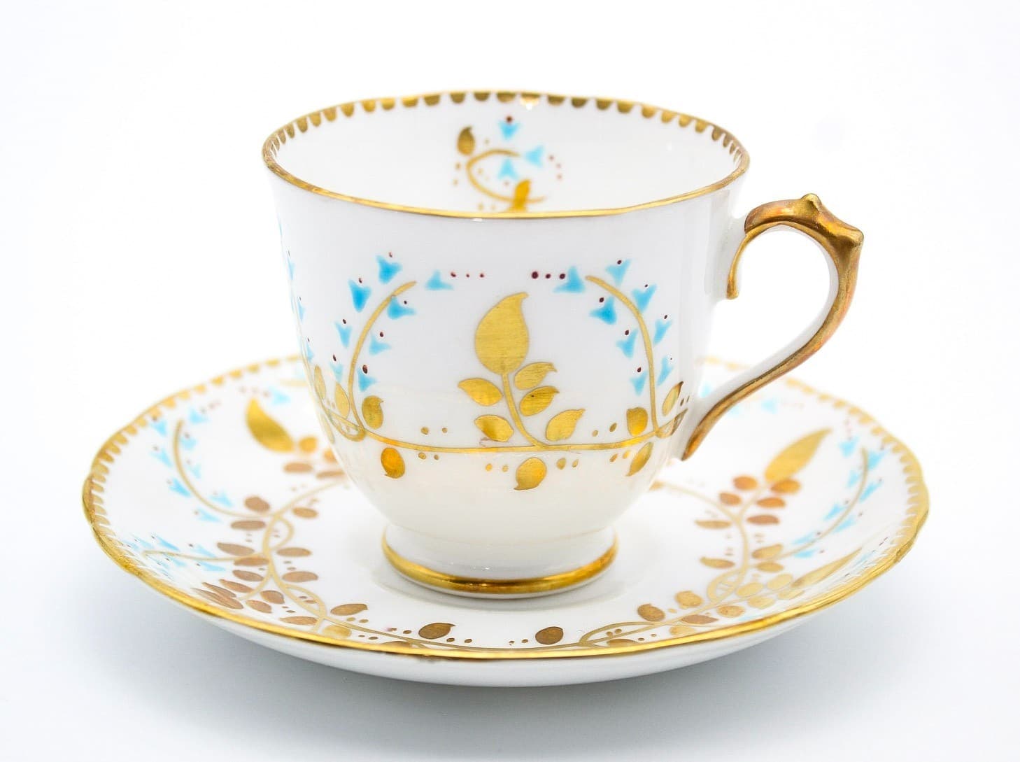 Royal Chelsea Vintage Bone China Hand Painted Gold & Aqua Blue Teacup & Saucer - Thumbnail 10