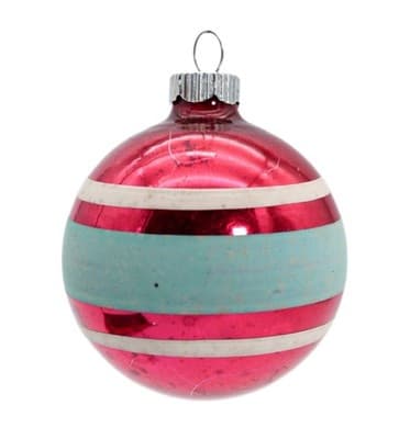 Vintage SHINY BRITE Red Teal & White Striped Stencil Glass Christmas Ornament - Image 1