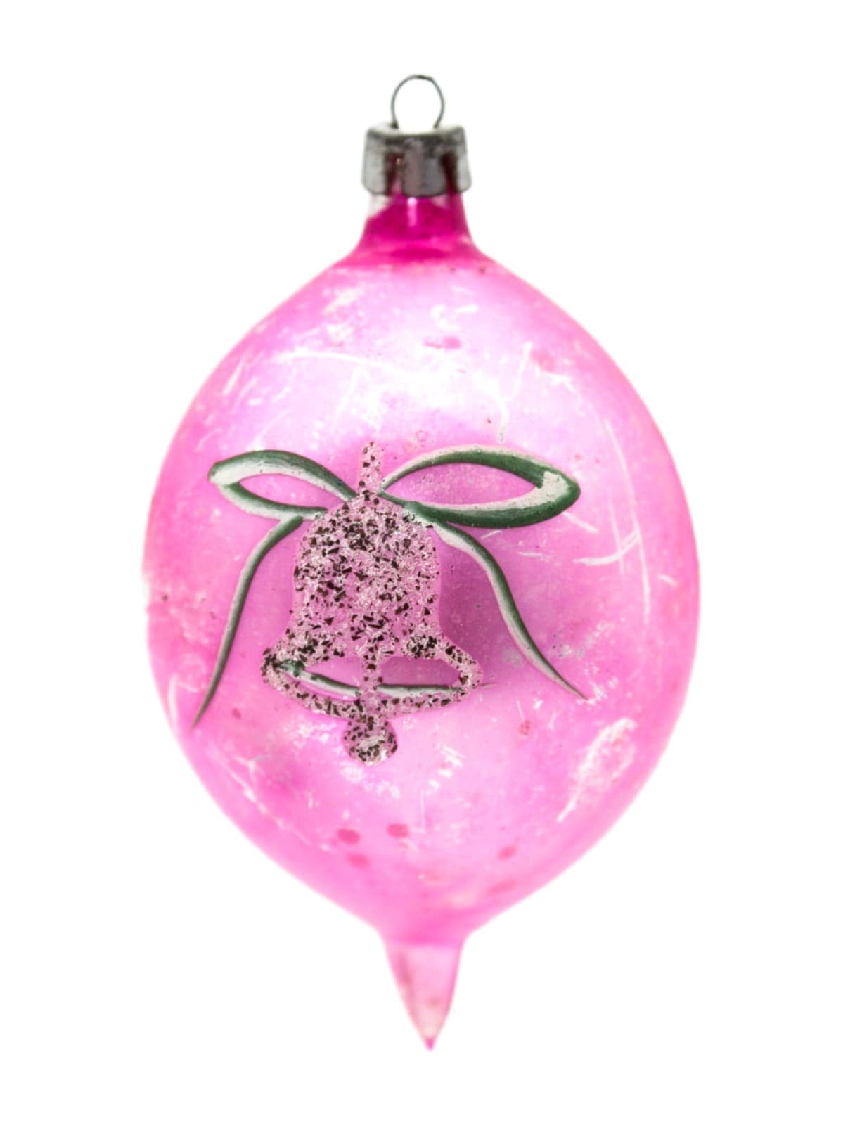 Vintage Poland Pink Mica Bell Hand Painted Mercury Glass Teardrop Ornament - Image 1