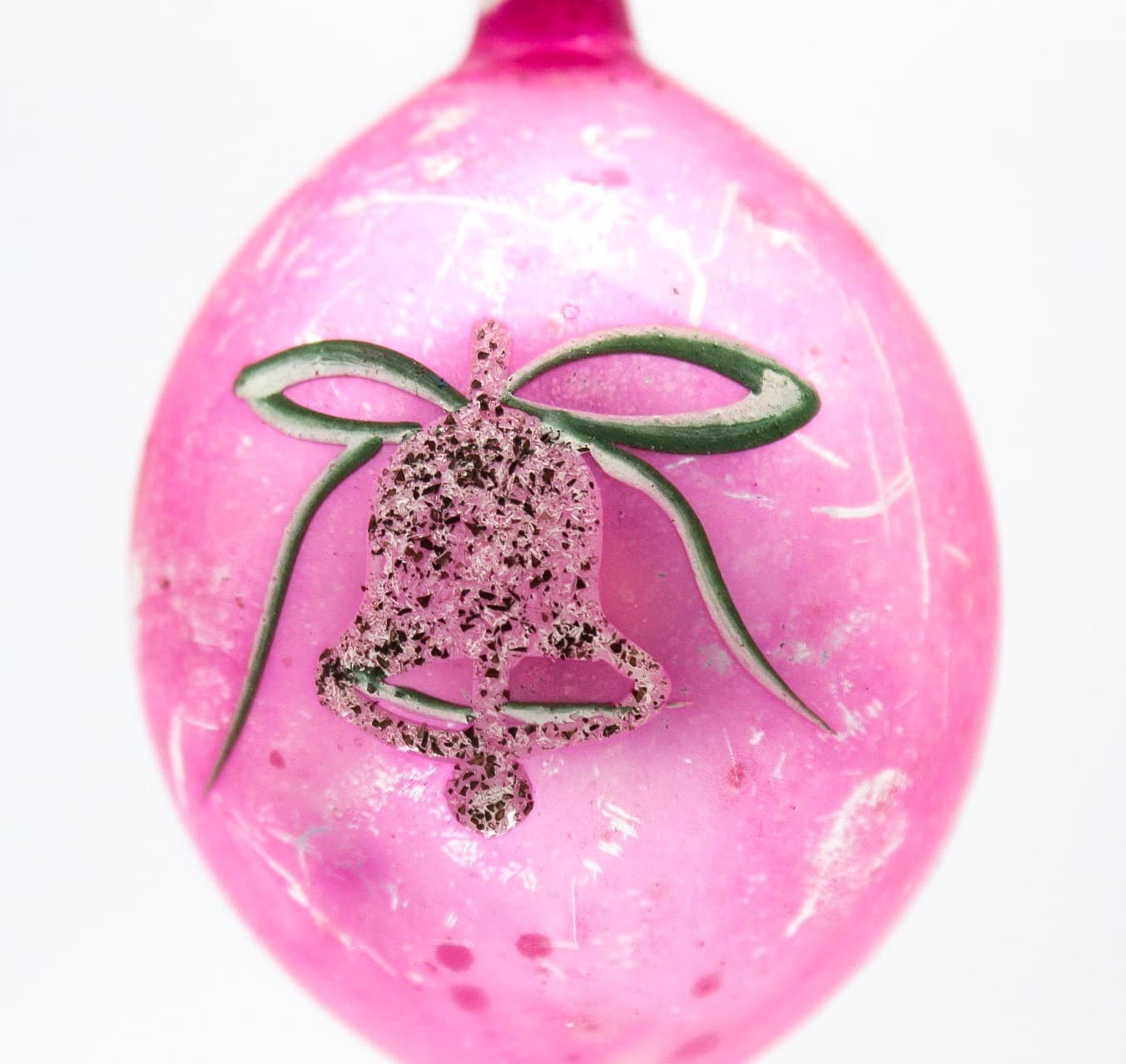 Vintage Poland Pink Mica Bell Hand Painted Mercury Glass Teardrop Ornament - Thumbnail 2
