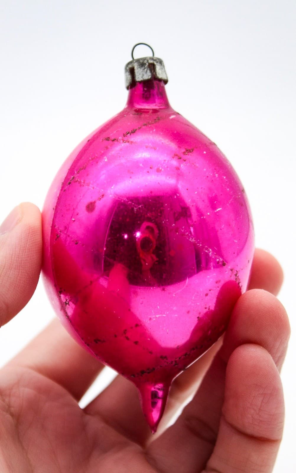 Vintage Poland Pink Mica Bell Hand Painted Mercury Glass Teardrop Ornament - Thumbnail 3