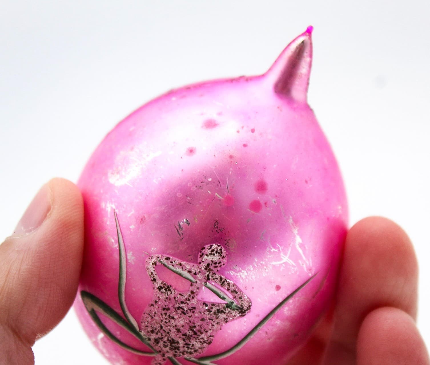 Vintage Poland Pink Mica Bell Hand Painted Mercury Glass Teardrop Ornament - Thumbnail 5