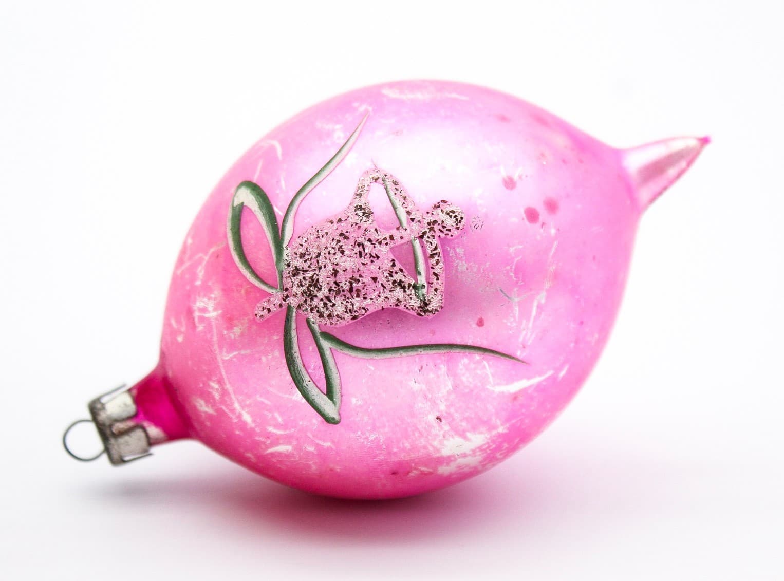 Vintage Poland Pink Mica Bell Hand Painted Mercury Glass Teardrop Ornament - Thumbnail 6