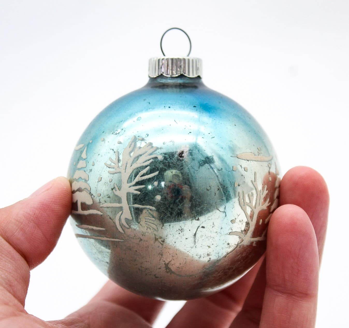 Vintage Shiny Brite Blue Winter Scene Stencil Mercury Glass Christmas Ornament - Thumbnail 3