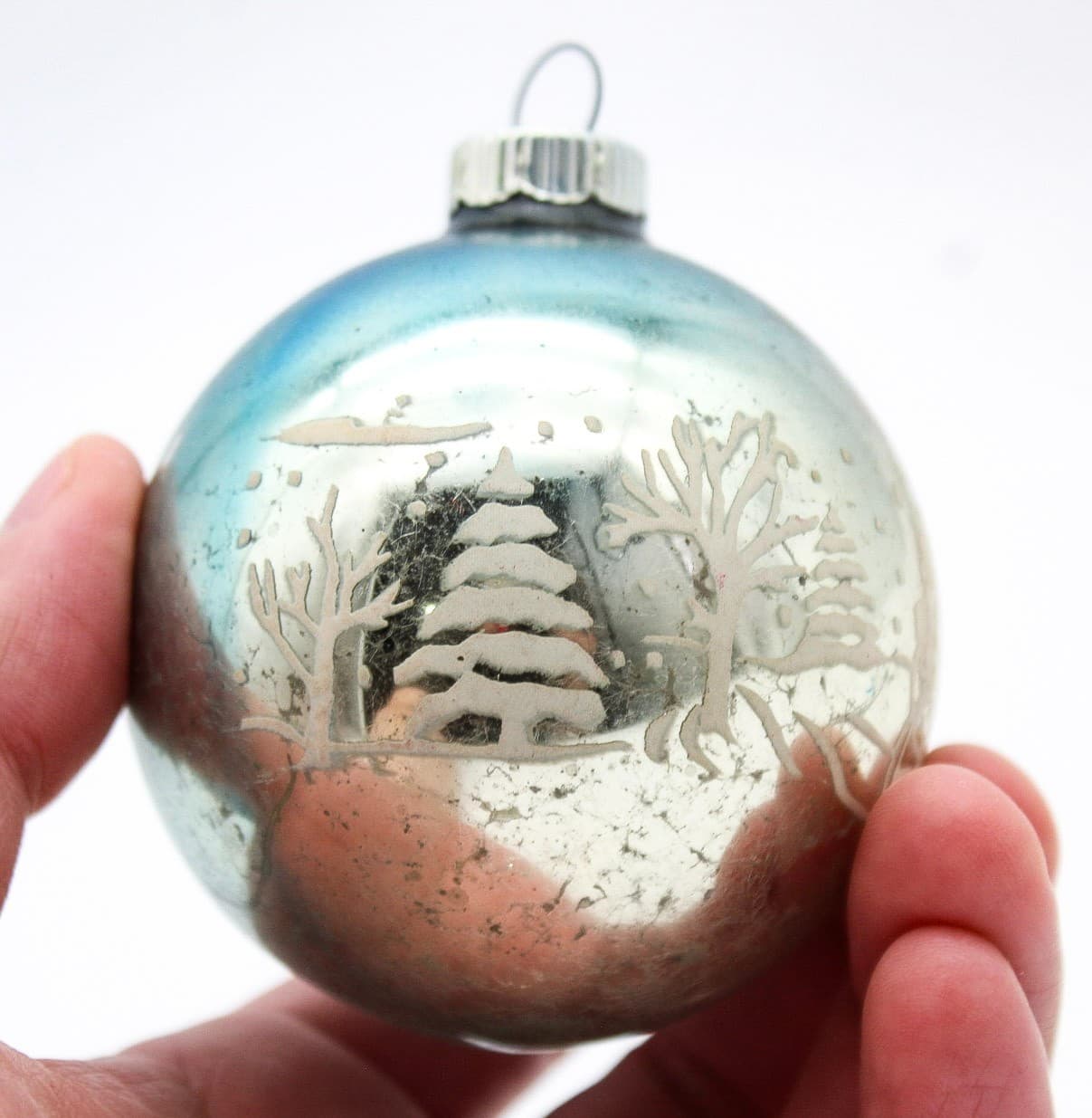 Vintage Shiny Brite Blue Winter Scene Stencil Mercury Glass Christmas Ornament - Thumbnail 4