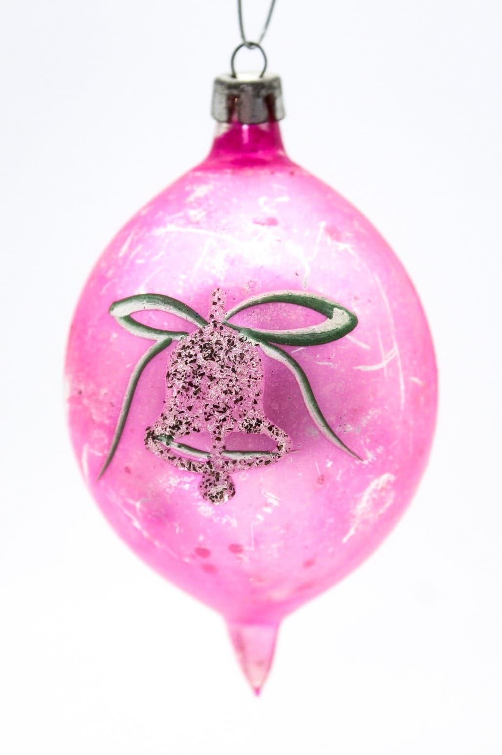 Vintage Poland Pink Mica Bell Hand Painted Mercury Glass Teardrop Ornament - Thumbnail 7