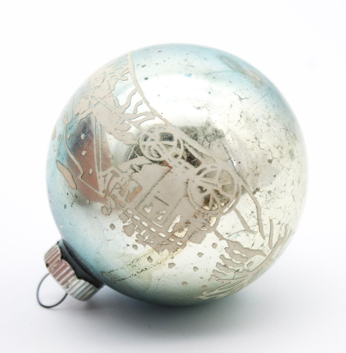 Vintage Shiny Brite Blue Winter Scene Stencil Mercury Glass Christmas Ornament - Thumbnail 7