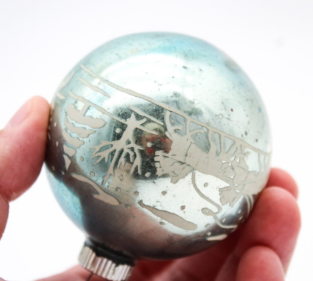 Vintage Shiny Brite Blue Winter Scene Stencil Mercury Glass Christmas Ornament - Thumbnail 6