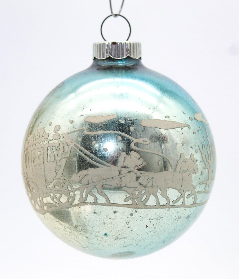 Vintage Shiny Brite Blue Winter Scene Stencil Mercury Glass Christmas Ornament - Thumbnail 8