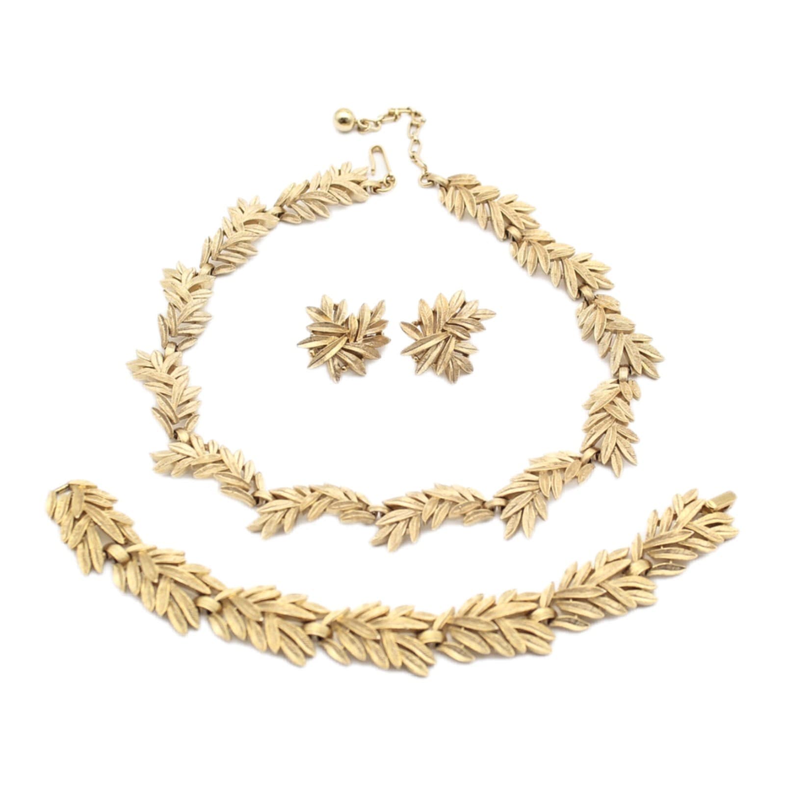 Vintage Crown Trifari Gold Tone Leaf Parure Necklace Bracelet Earrings Set - Image 1