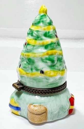 Vintage Hand Painted Christmas Tree w/ Presents Porcelain Hinges Trinket Box - Thumbnail 3