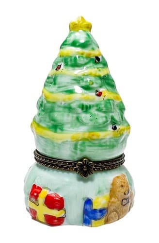 Vintage Hand Painted Christmas Tree w/ Presents Porcelain Hinges Trinket Box - Image 1