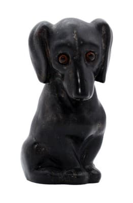 Antique Ceramic Pottery Black Sitting Dachshund Dog Glass Eyes Bank - Image 1