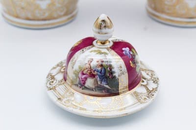 Pair Of Antique Dresden Germany Hand Painted Gilt Courting Covered Vases Urns - Thumbnail 12