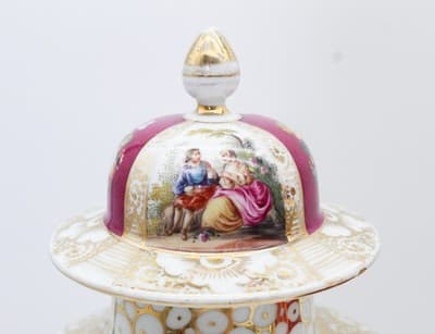 Pair Of Antique Dresden Germany Hand Painted Gilt Courting Covered Vases Urns - Thumbnail 5