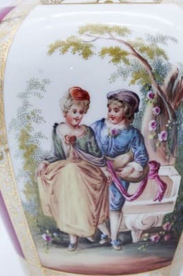 Pair Of Antique Dresden Germany Hand Painted Gilt Courting Covered Vases Urns - Thumbnail 2