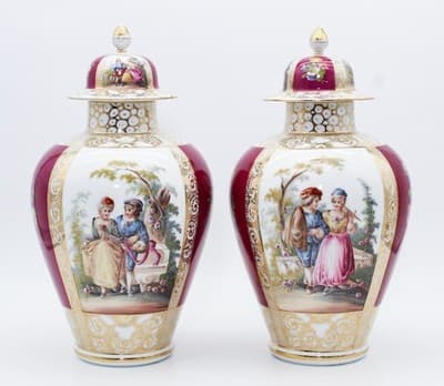 Pair Of Antique Dresden Germany Hand Painted Gilt Courting Covered Vases Urns - Thumbnail 6