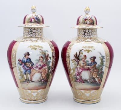 Pair Of Antique Dresden Germany Hand Painted Gilt Courting Covered Vases Urns - Thumbnail 9