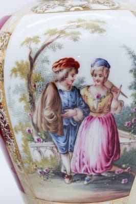 Pair Of Antique Dresden Germany Hand Painted Gilt Courting Covered Vases Urns - Thumbnail 3