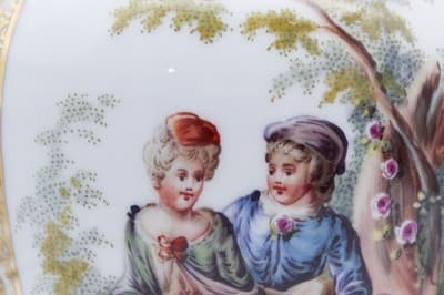 Pair Of Antique Dresden Germany Hand Painted Gilt Courting Covered Vases Urns - Thumbnail 4