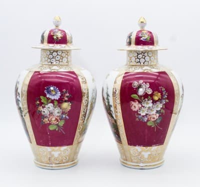 Pair Of Antique Dresden Germany Hand Painted Gilt Courting Covered Vases Urns - Thumbnail 7