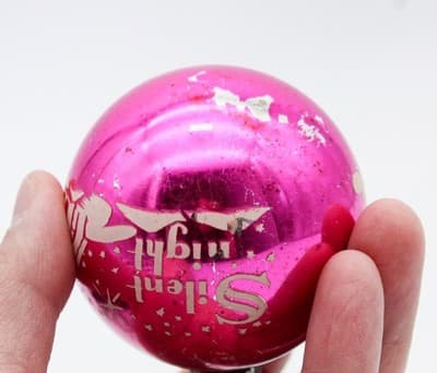 Shiny Brite Silent Night Stencil Cottage Pink Glass Ball Christmas Ornament - Thumbnail 4
