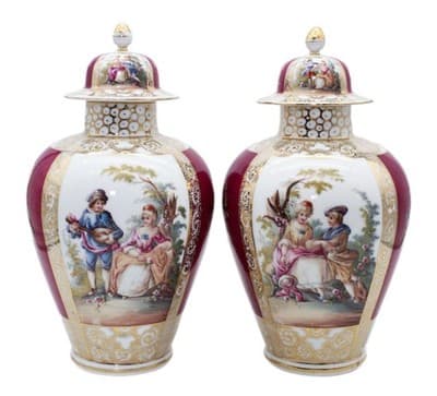 Pair Of Antique Dresden Germany Hand Painted Gilt Courting Covered Vases Urns - Image 1